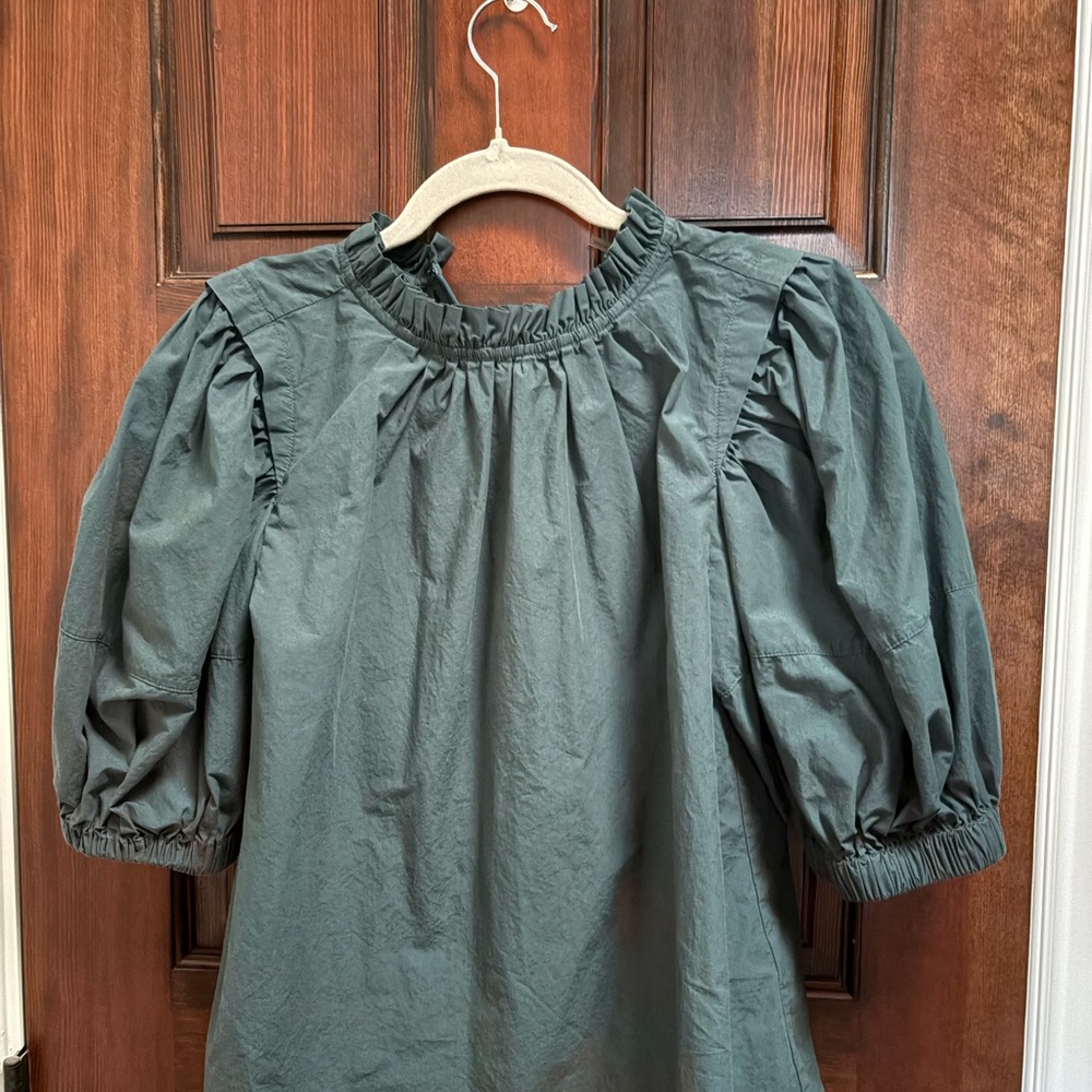 Margaret O'Leary Olive Green Puff Sleeve Ruffled Neck Blouse